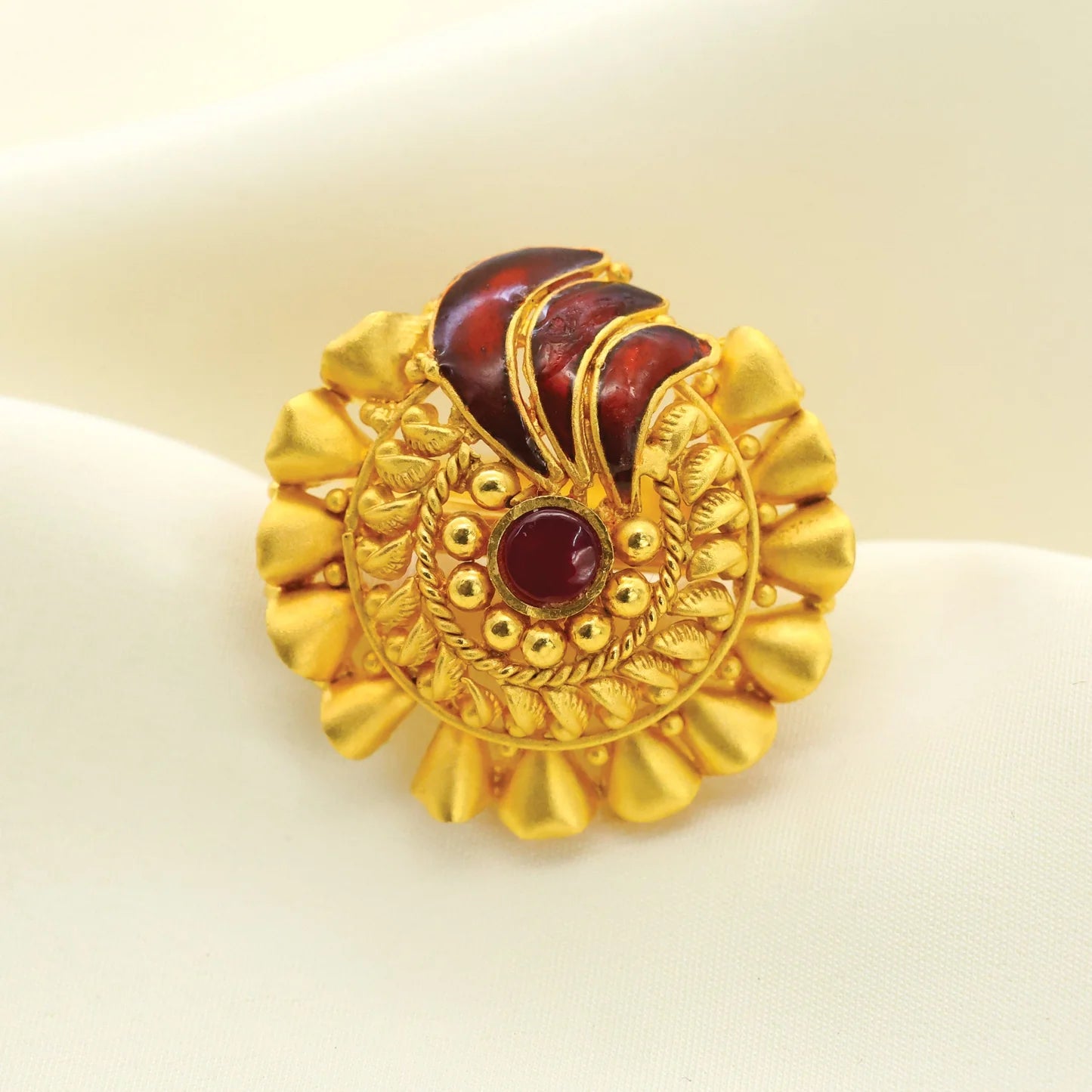24kt Gold Plated Traditional Antique Look With Red Stone Adjustable Ladies Ring - Handa Bangles