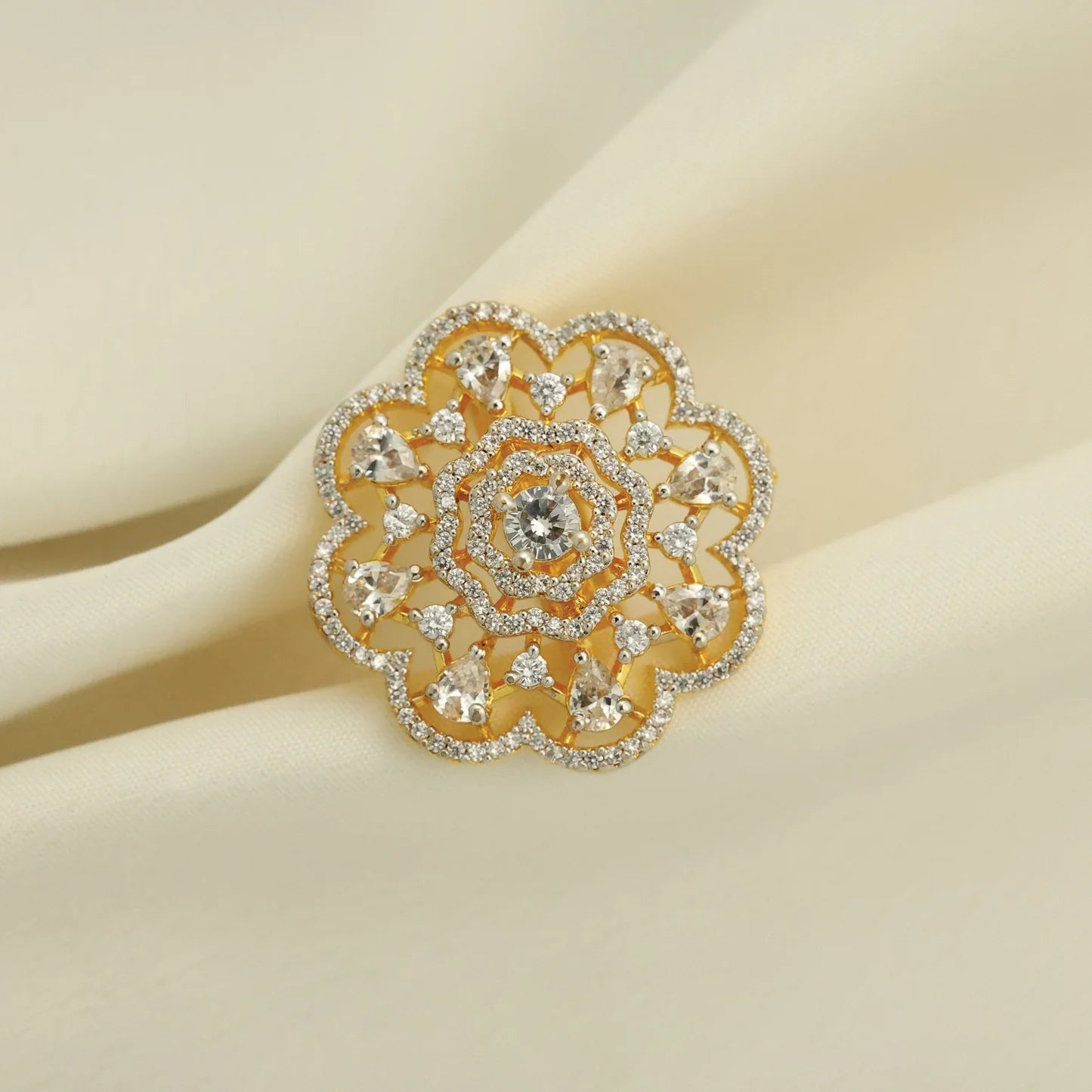 24kt Gold Plated Diamond Look Adjustable Ladies Ring - Handa Bangles