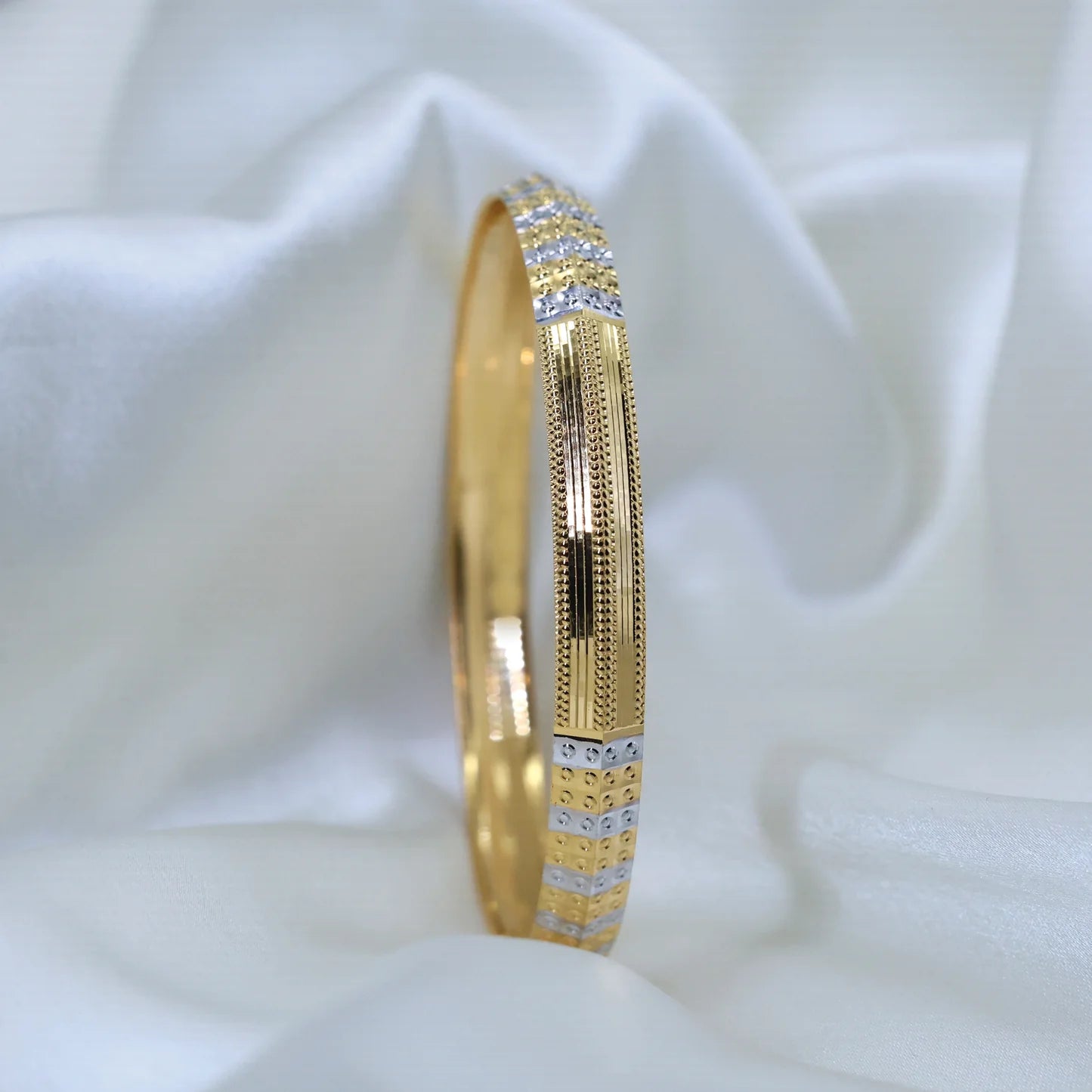 24Kt Gold Plated Gents Kada With Silver Dots & Golden Line - Handa Bangles