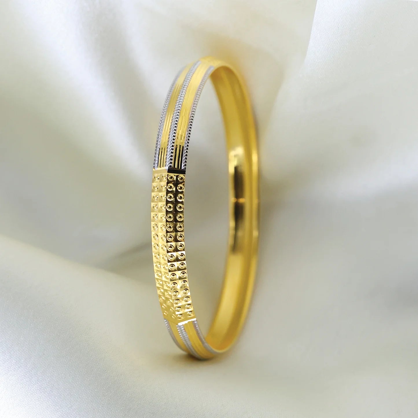 24kt Gold Plated Fancy Design Gents Kada with Rhodium Polish - Handa Bangles