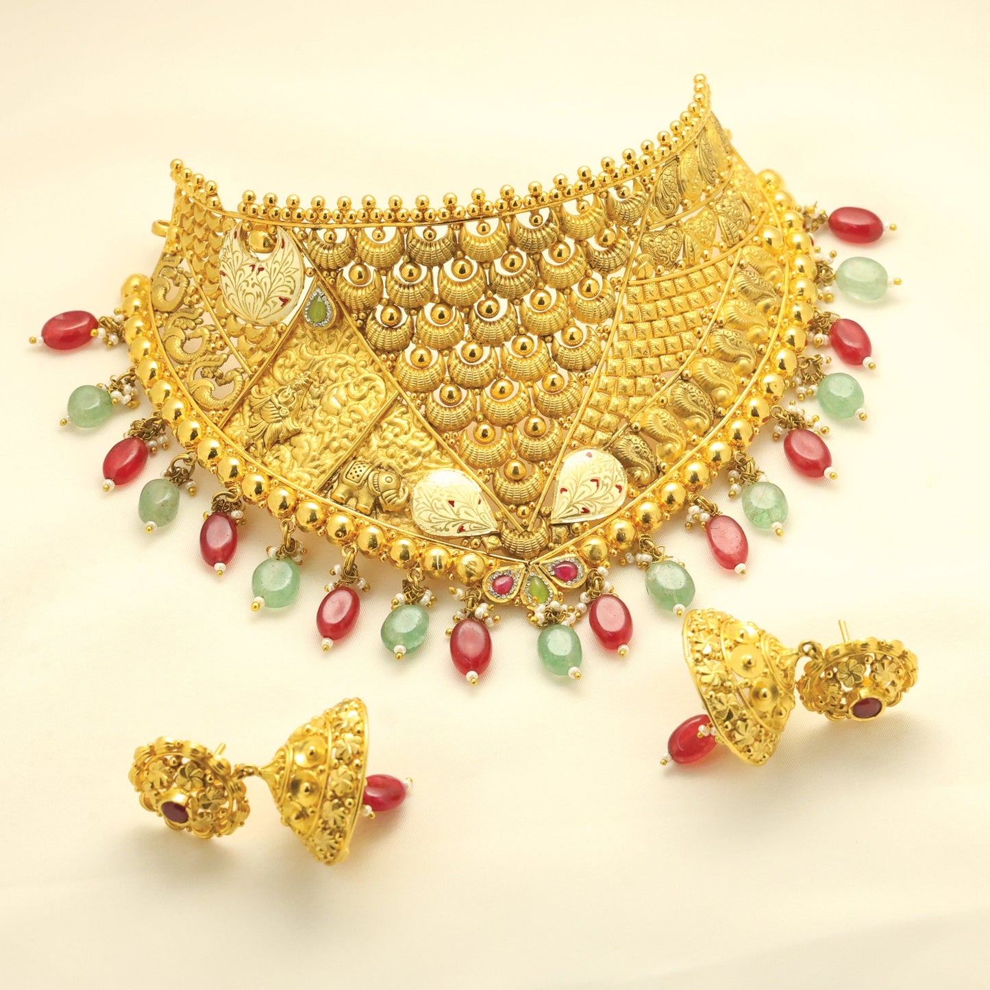 24kt Gold Plated Antique Bridal Choker Set With Jhumki - Handa Bangles