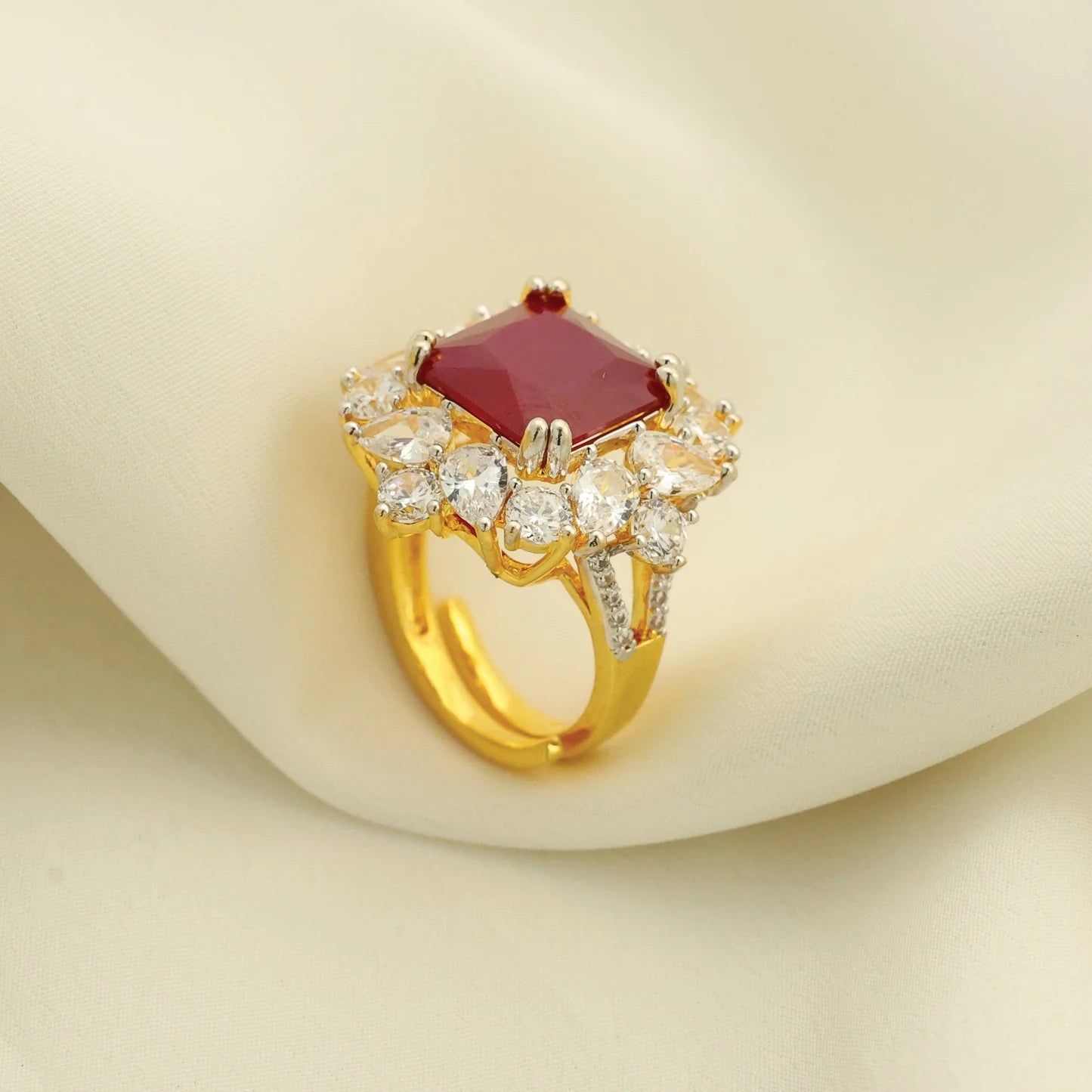 24kt Gold Plated Fashionable Ruby Cut Stone With American Diamond Ladies Ring - Handa Bangles
