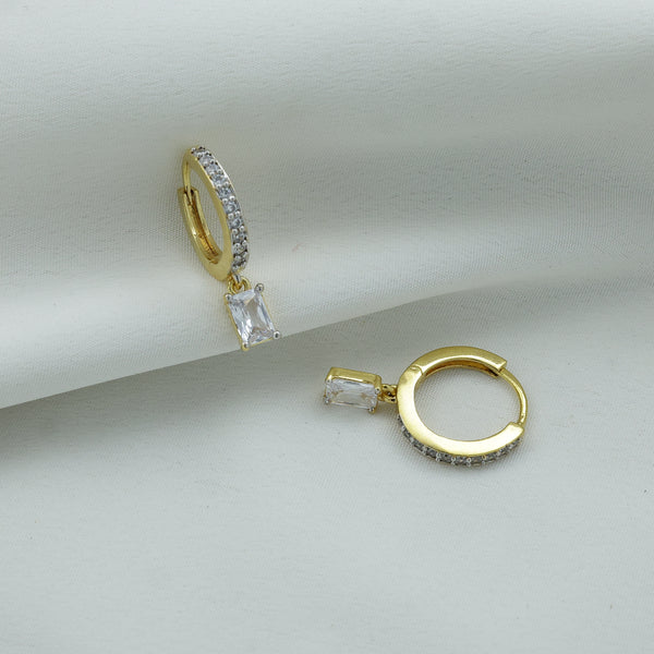 24Kt Gold Plated CZ Drop Hoop Earrings for Women | Rectangle Crystal Dangle Earrings