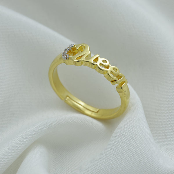 24Kt Gold Plated Queen Script Ring with CZ Stone | Golden Ladies Ring for Women