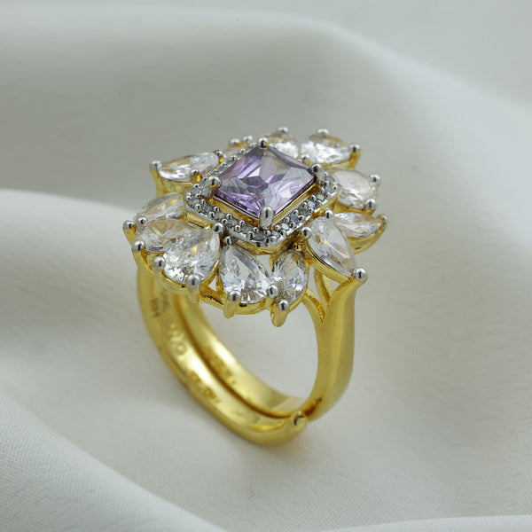 24kt Gold Plated Purple Crystal Floral Statement Ladies Ring