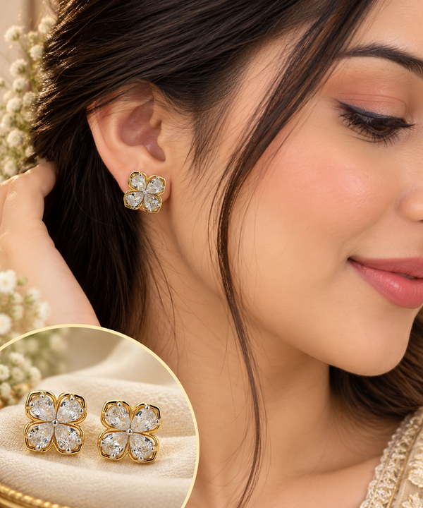 24kt Gold Plated Four Leaf Clover Crystal Stud Earrings