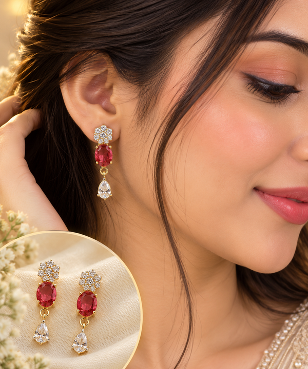 24kt Gold Plated Red Stone Crystal Drop Earrings