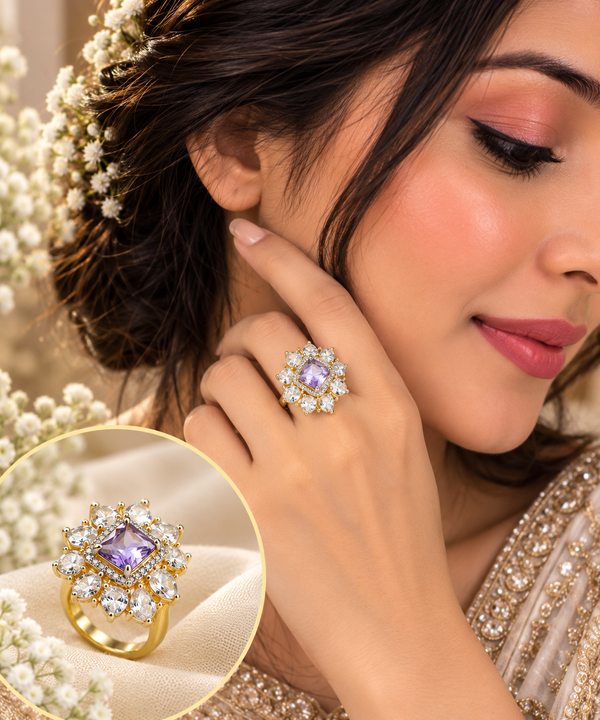 24kt Gold Plated Purple Crystal Floral Statement Ladies Ring