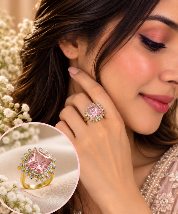 24kt Gold Plated Pink Crystal Square Cut Statement Ladies Ring