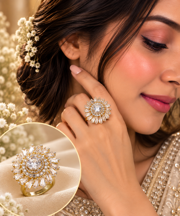 24kt Gold Plated Radiant Round Crystal Statement Ladies Ring