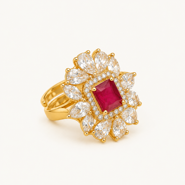 Gold Plated Red Stone Ring for Women | Floral Designer Party Wear Ring